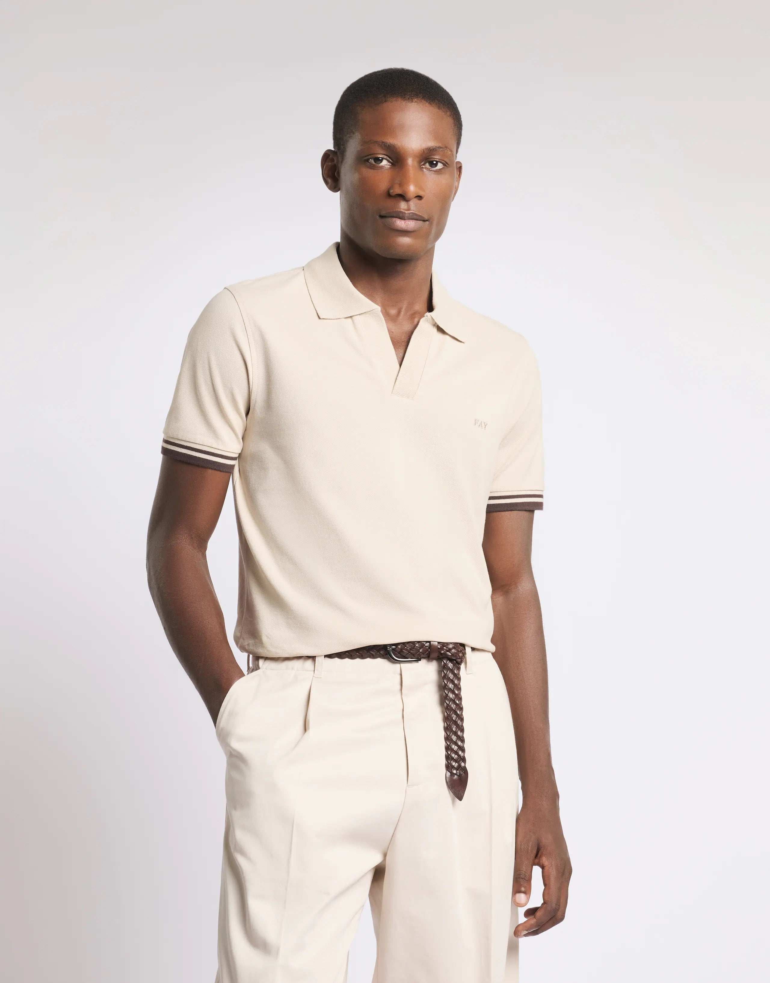 Ivory Striped Pique Polo with Classic Collar