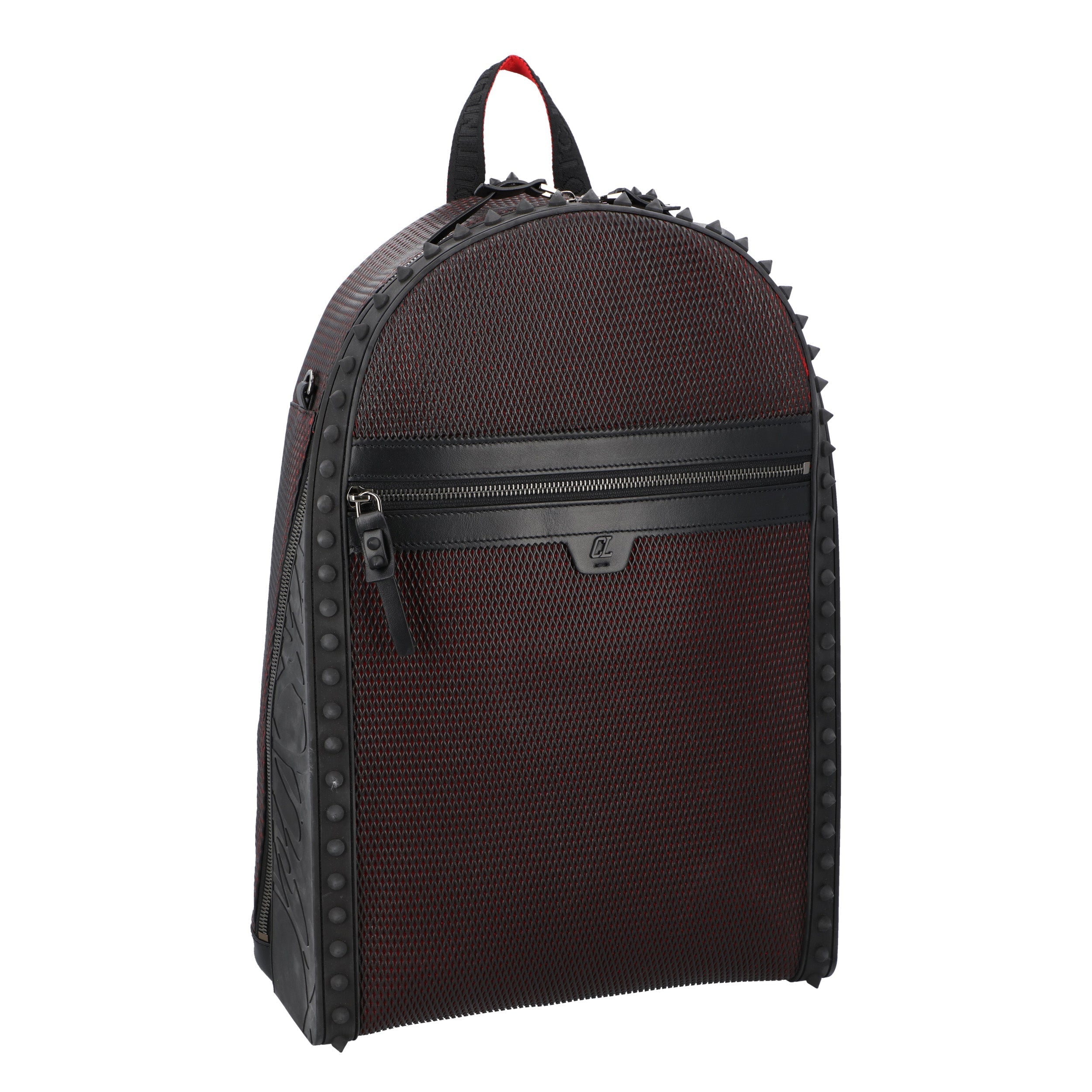 Iconic Black Mesh And Loubi Red Leather Backpack With Signature Spikes