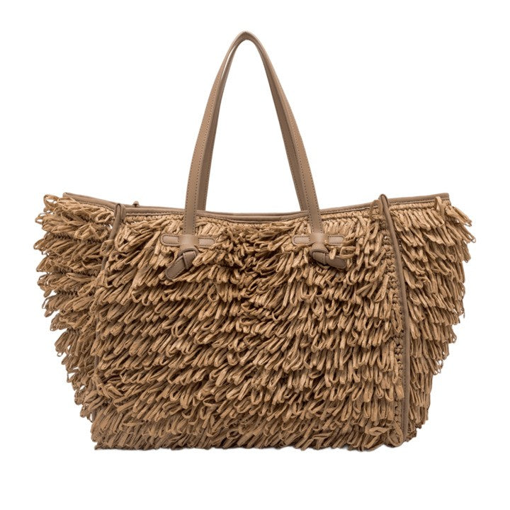 Handwoven Raffia Curl Handbag With Leather Handles