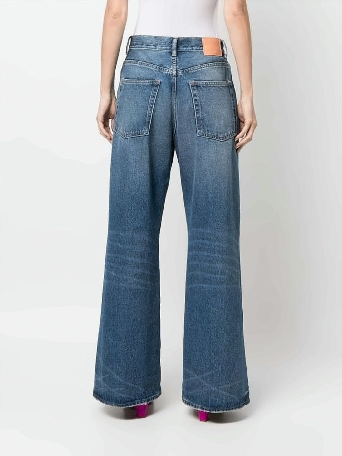 Wide-Leg Denim Pants with Vintage Wash and Frayed Hems