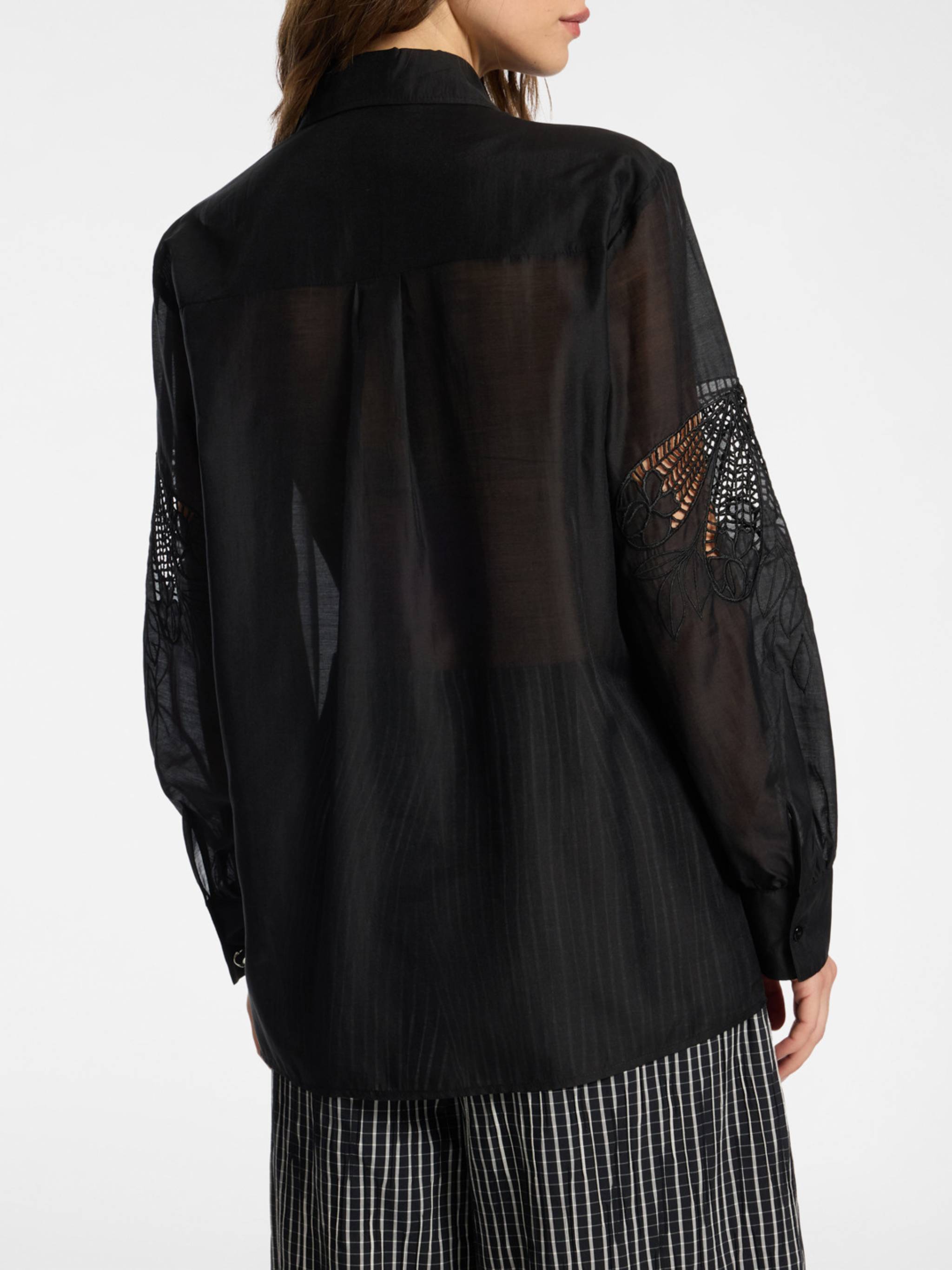 Sheer Black Lace Detail Silk Blouse