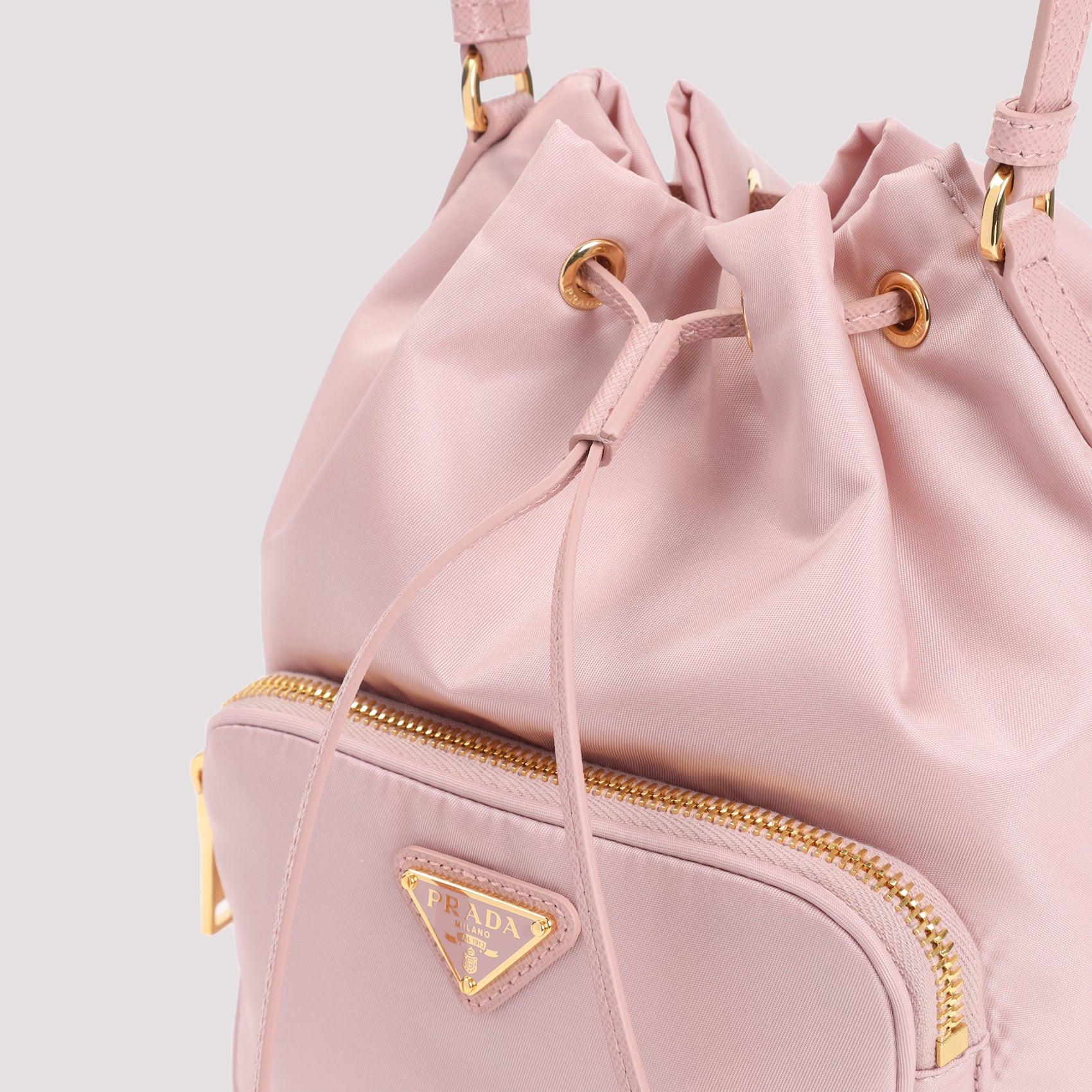 Re-Nylon Pink Bucket Bag with Leather Accents