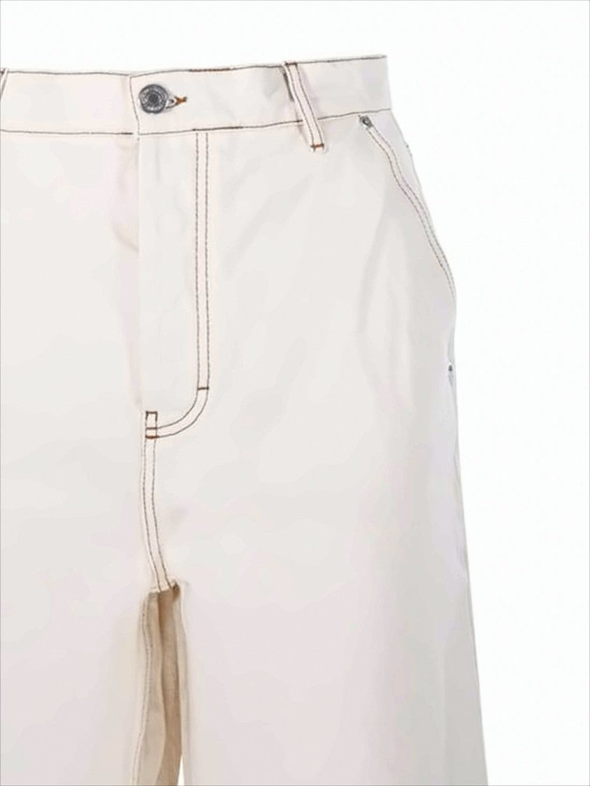 Light Cream Wide-Leg Denim Pants with Contrasting Stitching