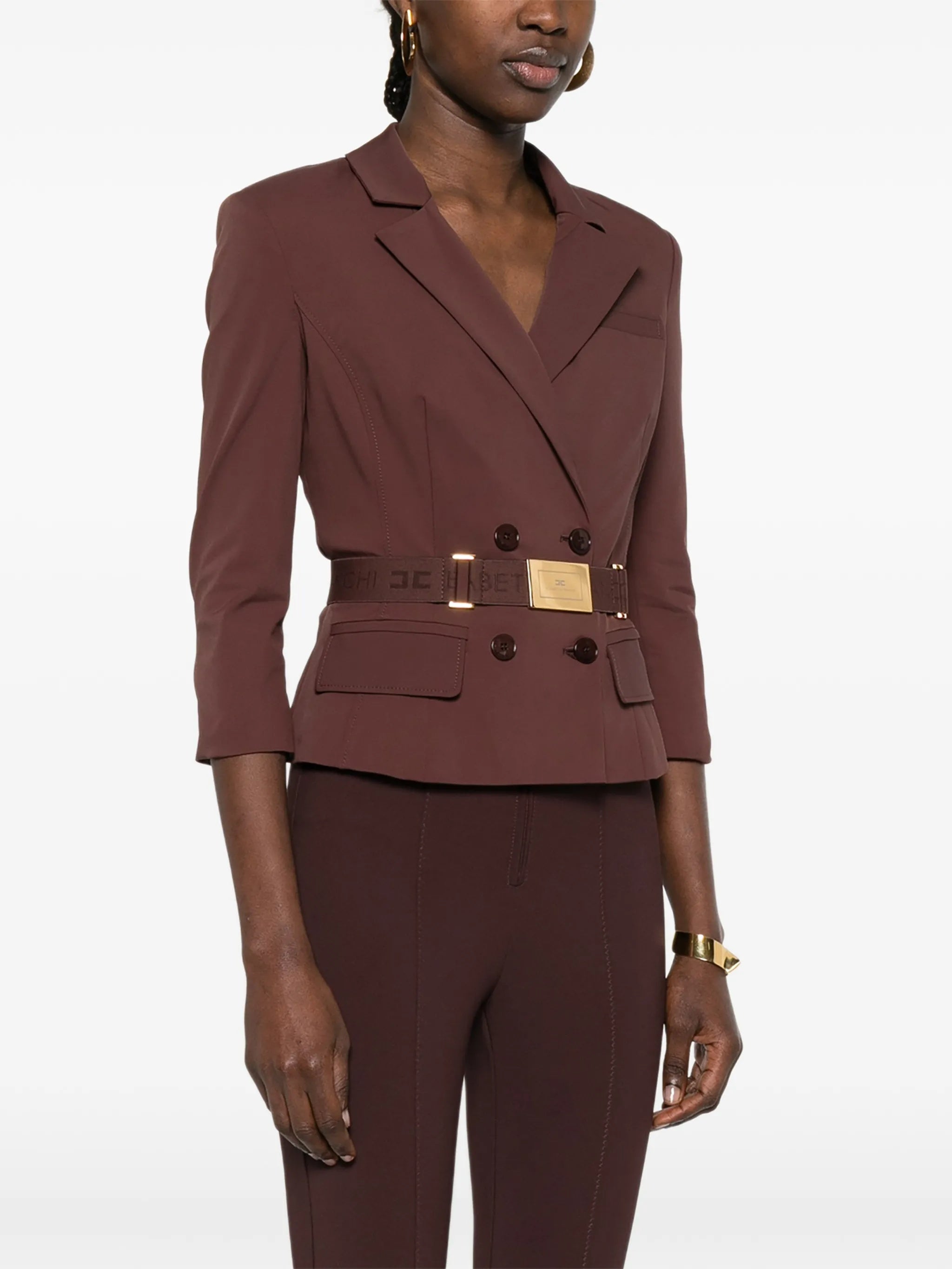 Double-Breasted Tailored Brown Belted Jacket