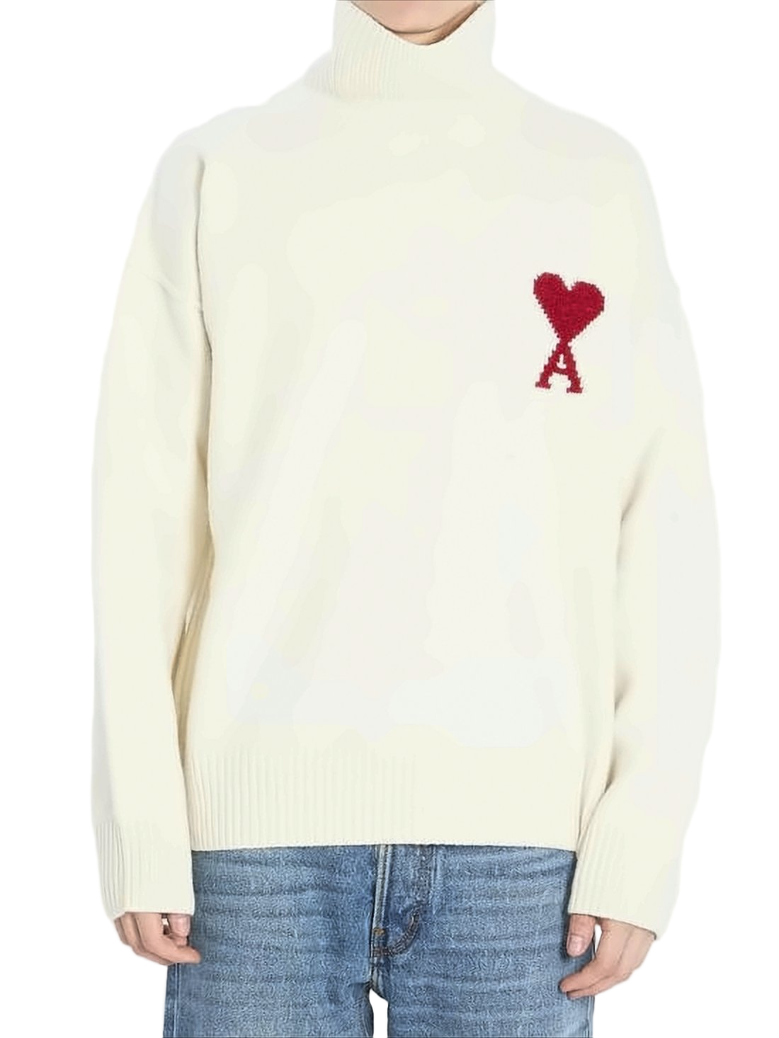 White Wool Turtleneck Sweater with Heart Emblem