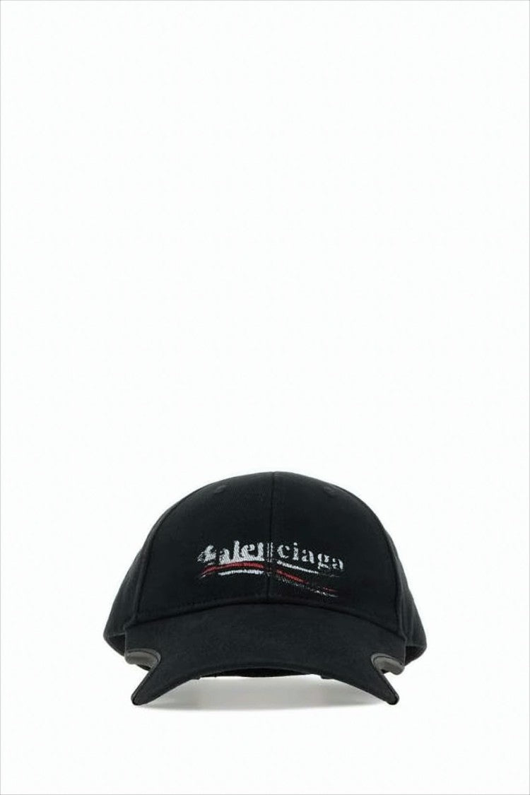 Curved Brim Black Cotton Cap with Distressed Logo