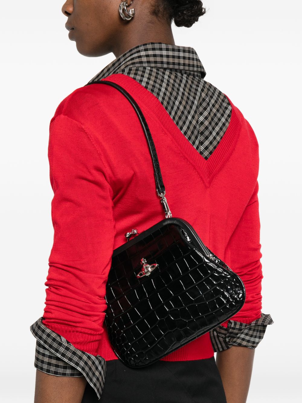 Trapezoidal Black Crocodile-Embossed Handbag With Silver Emblem