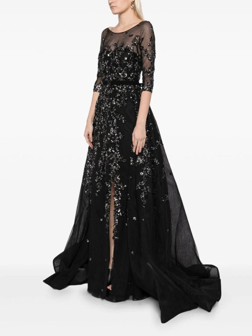 Tulle Beaded Dress With Envelope Skirt And Overskirt
