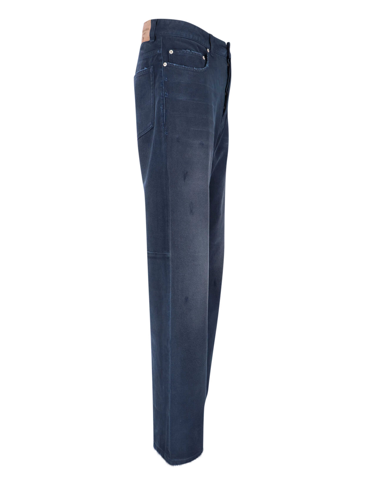 Distressed Dark Blue Denim Jeans With Logo Patch