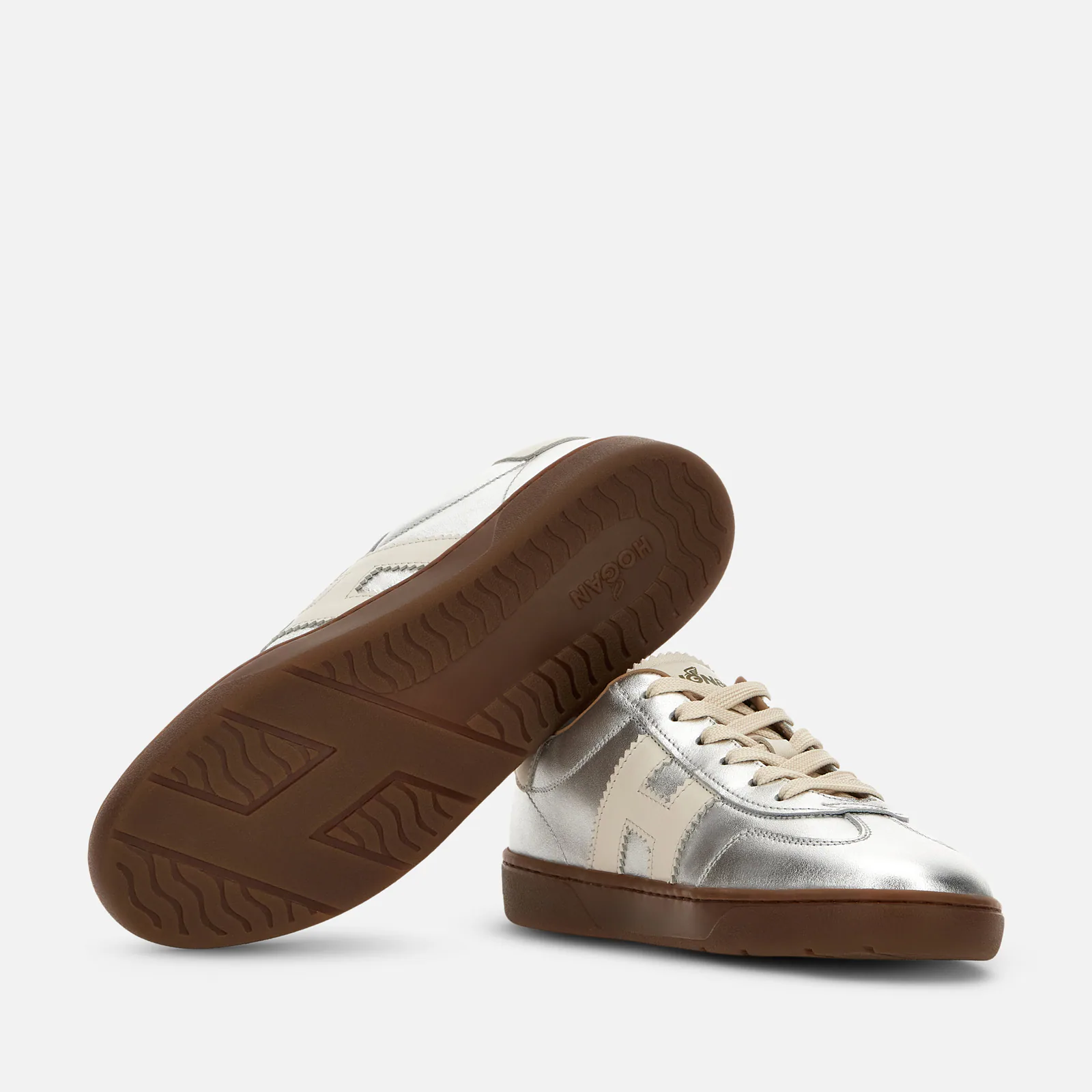 Contemporary Lace-Up Sneakers With Metallic Silver Finish