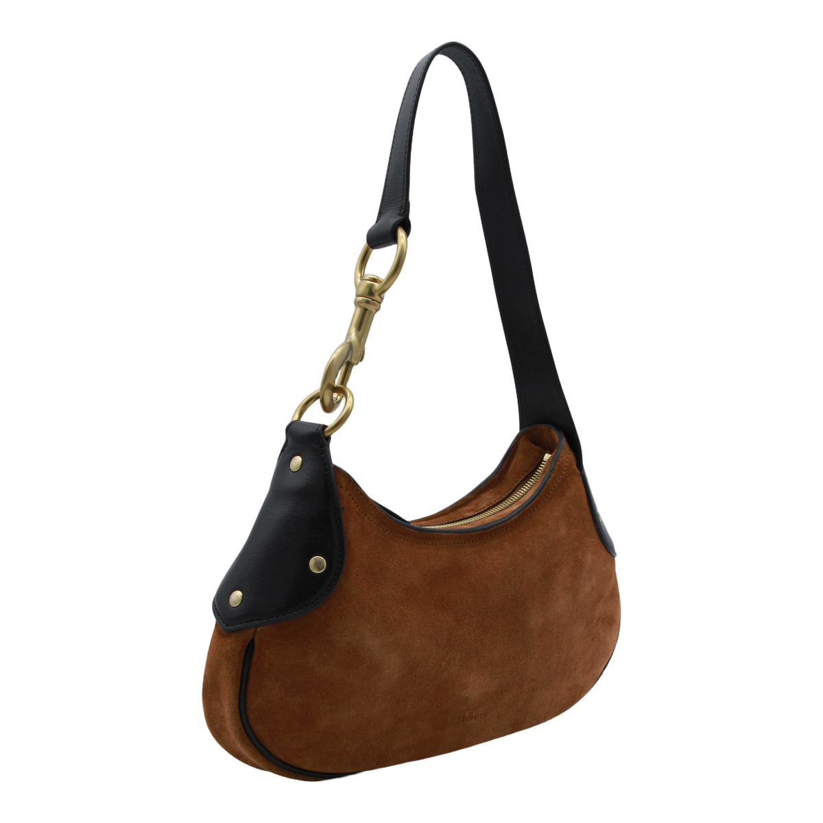 Crescent-Shaped Brown Suede Bag with Gold-Tone Clasp