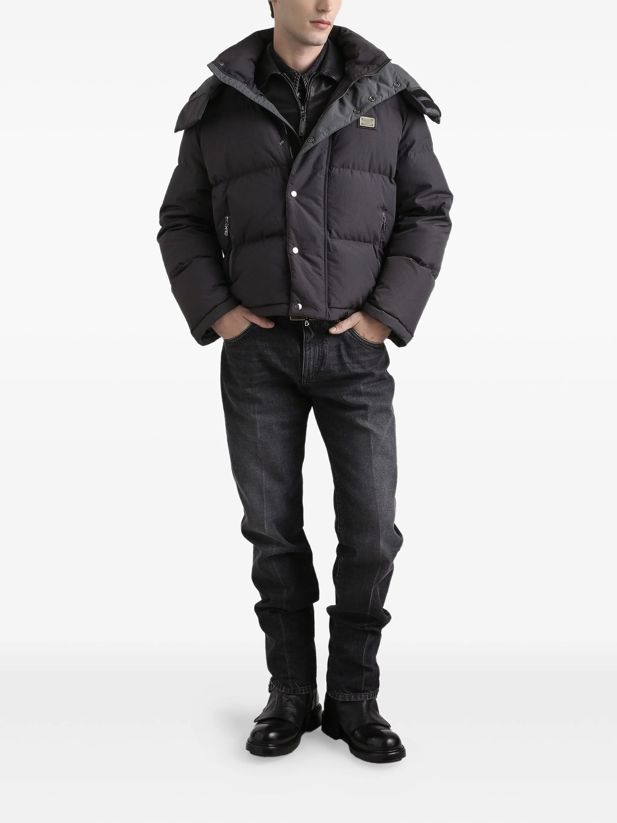 Black Boxy Cropped Padded Hooded Jacket