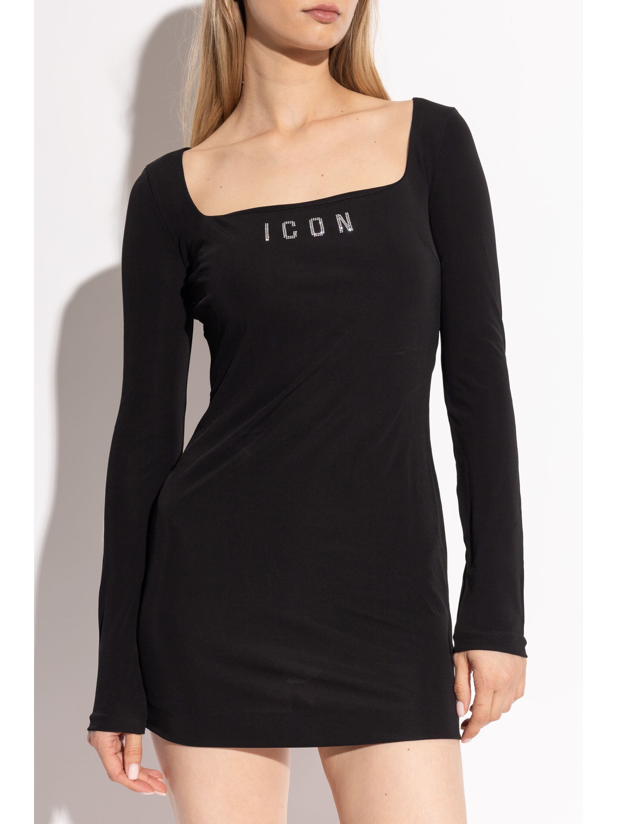 Fitted Black Viscose Square Neck Dress
