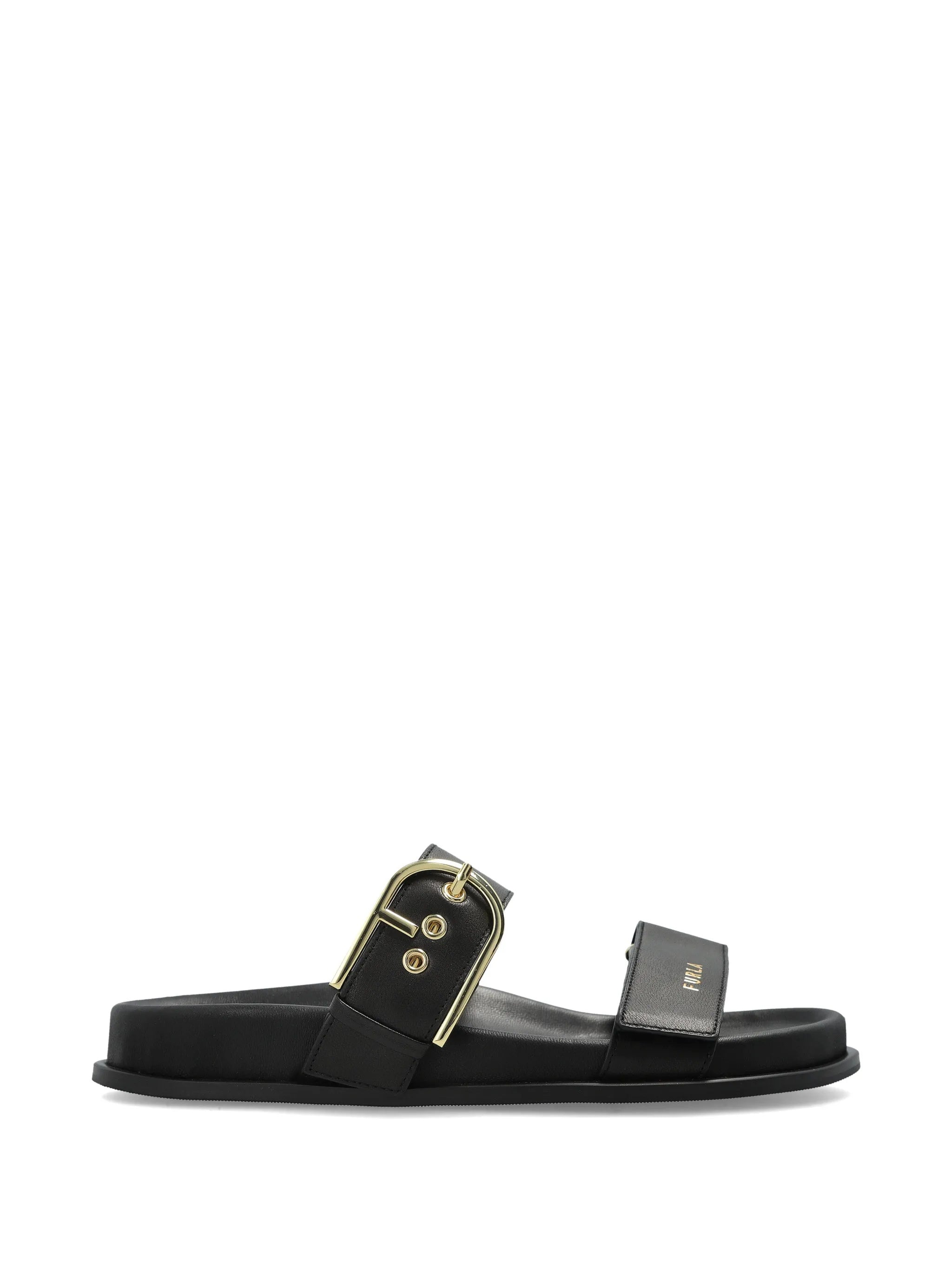 Solea Sandal Black Leather Gold Buckle