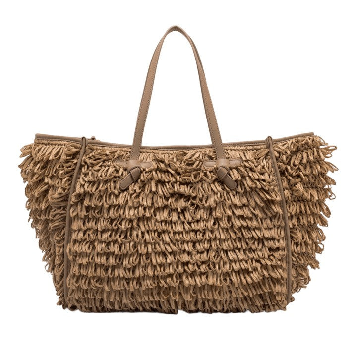 Handwoven Raffia Curl Handbag With Leather Handles
