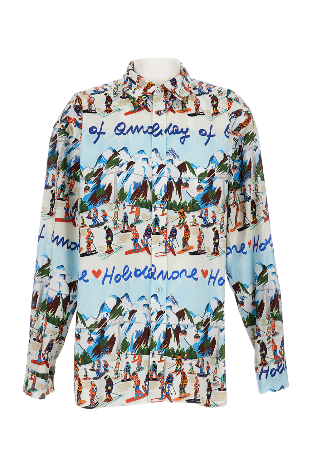 Multicolor Ski Scene Shirt With Classic Collar