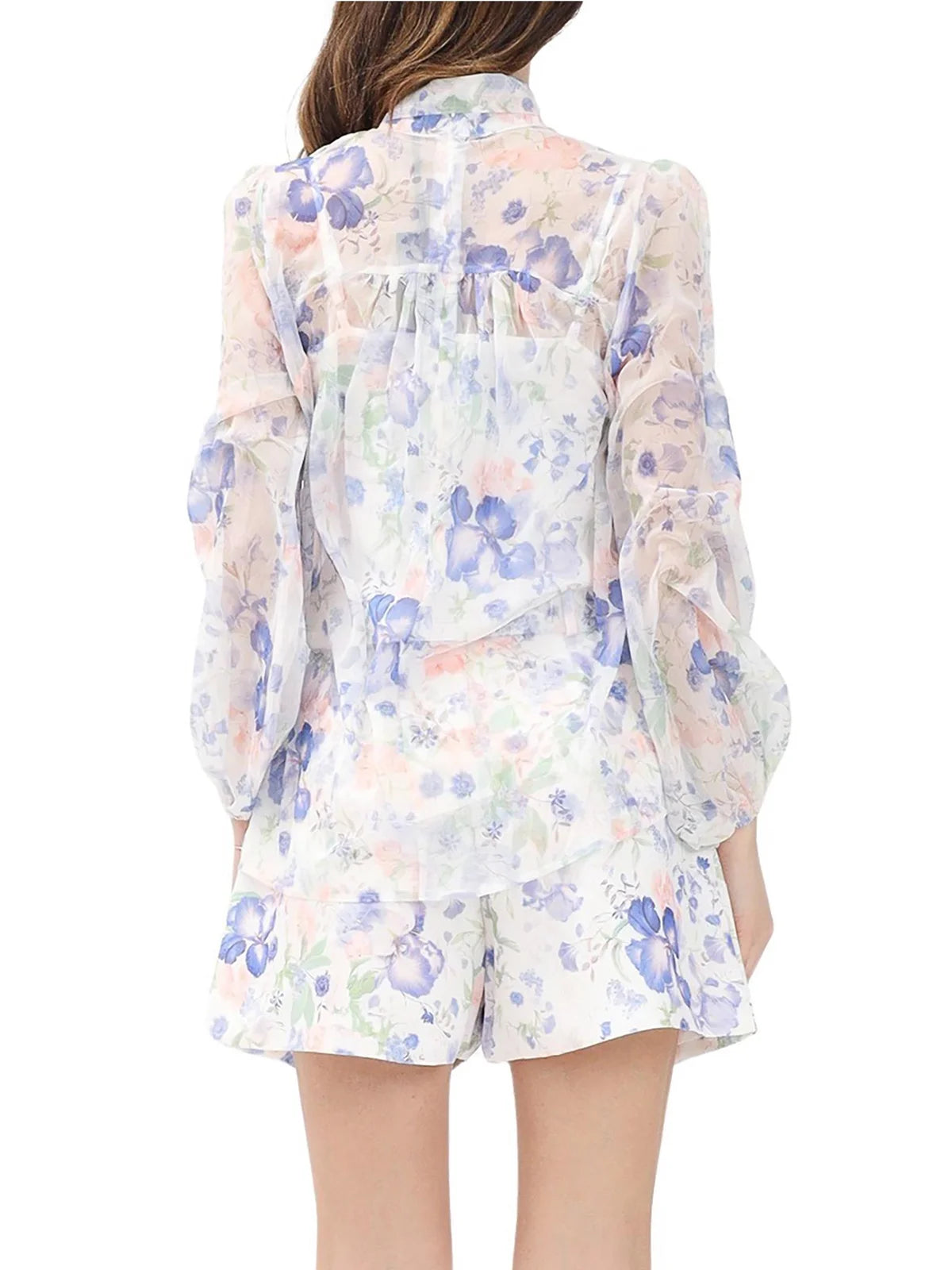 White Blue Cotton Polyester Blouse Set