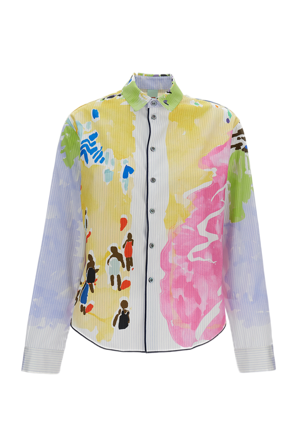 Watercolor-Print Cropped Cotton Shirt with Pointed Collar