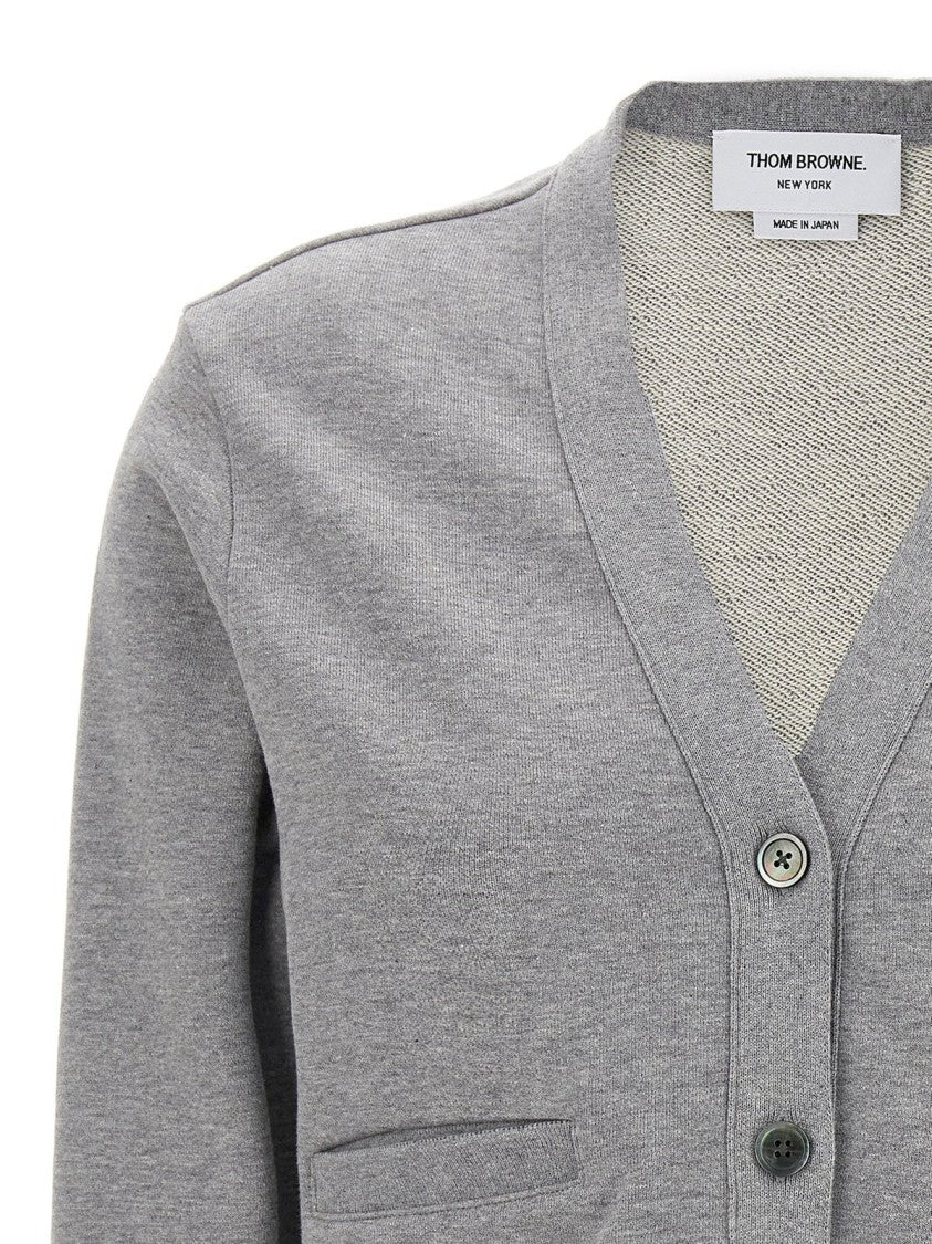 V-Neck Button-Down Grey Cardigan with Signature Stripes
