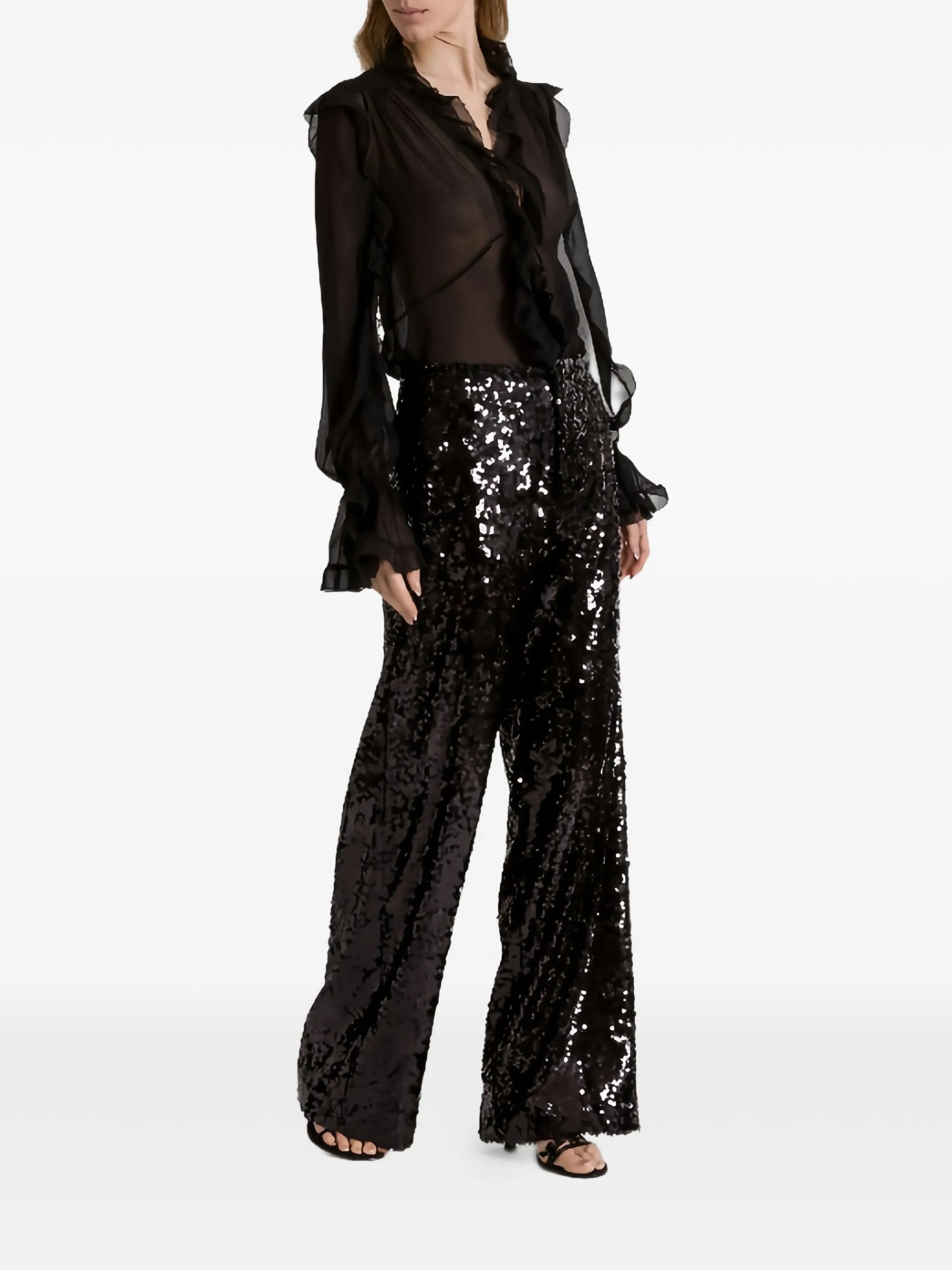 Black Pantalone Wide-Leg Sequin Polyester Pants