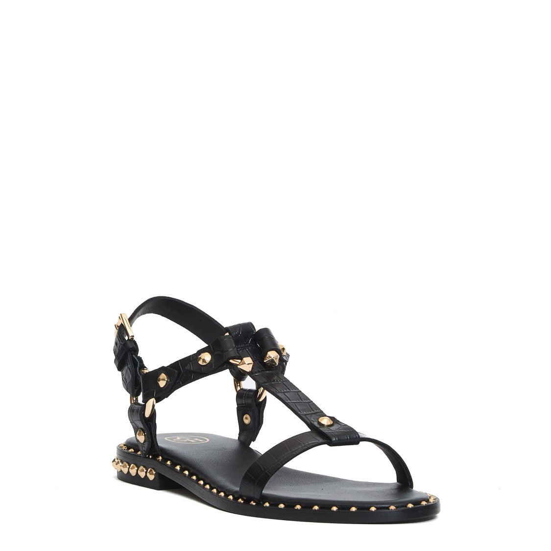 Flat Sandals In Black Crocodile Print Leather