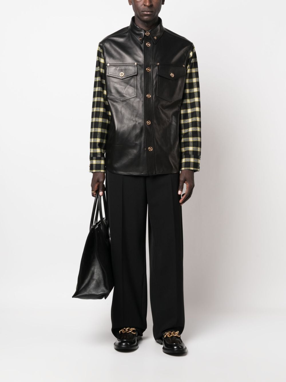 Black Blouson Leather Checkered Sleeve Jacket