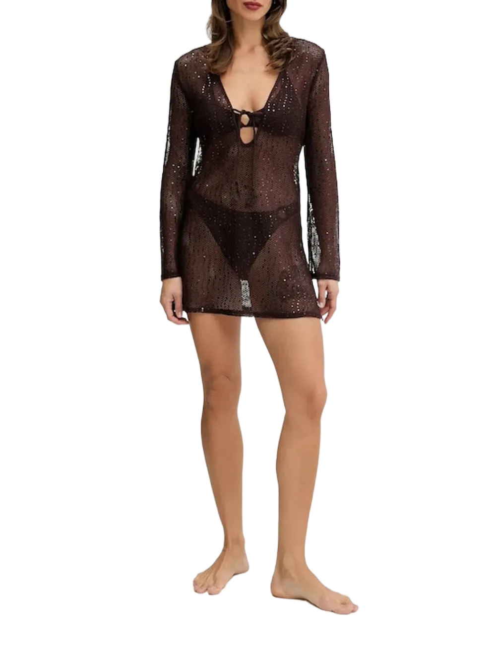 Sheer Long-Sleeved Mini Dress with Subtle Sequins