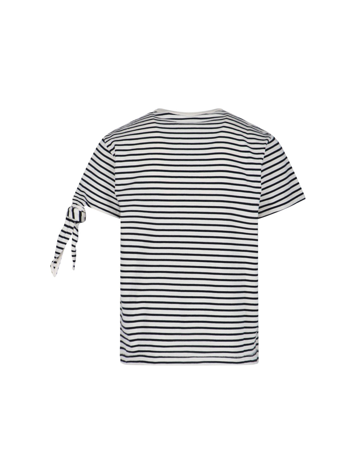 White Striped Knotted Sleeve Cotton T-Shirt