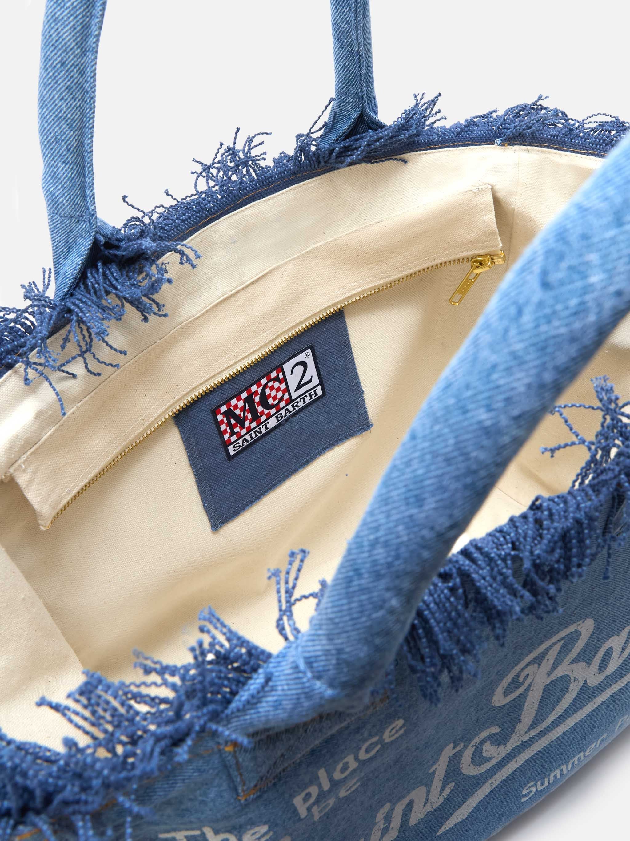 Oversized Denim Tote Bag with Frayed Edges