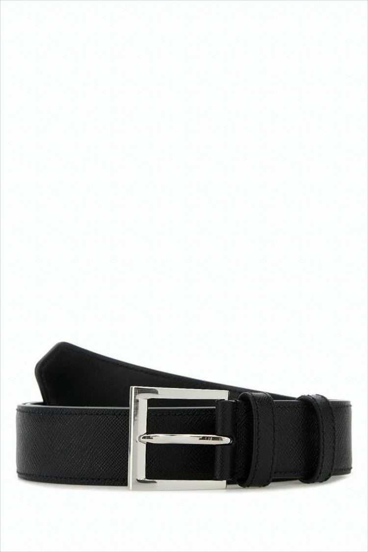 Textured Black Calfskin Leather Belt with Polished Buckle