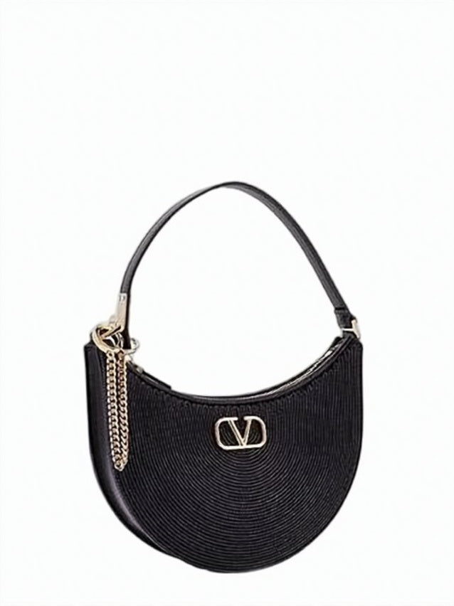 Crescent-Shaped Textured Lambskin Shoulder Bag with Metallic Emblem