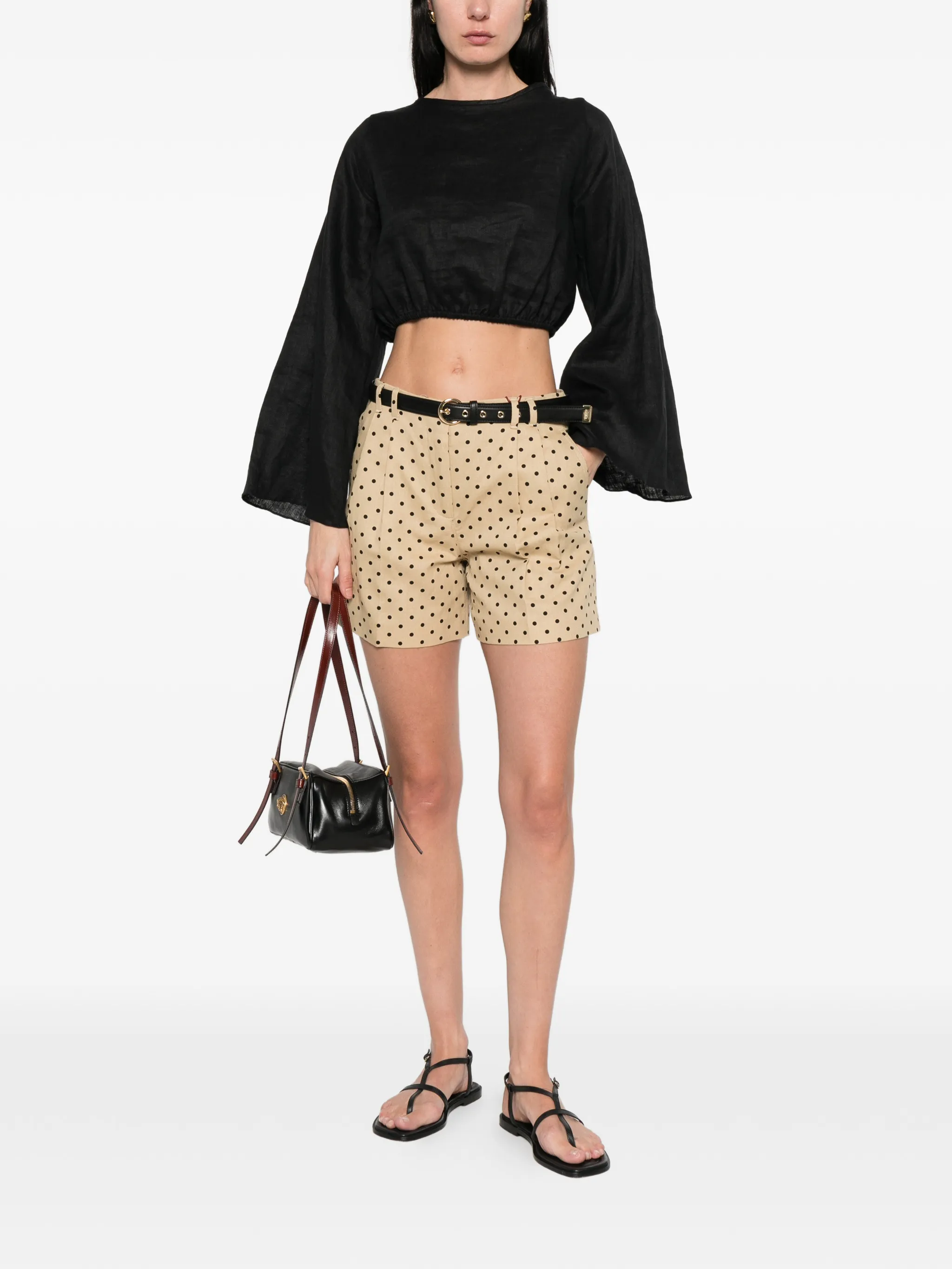 Tailored Beige Shorts with Black Polka Dot Design