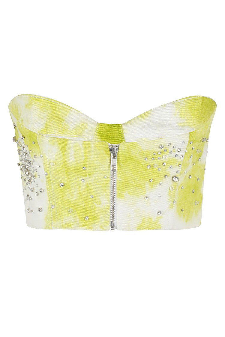 Tie Dye Embroidered Denim Bustier With Sweetheart Neckline