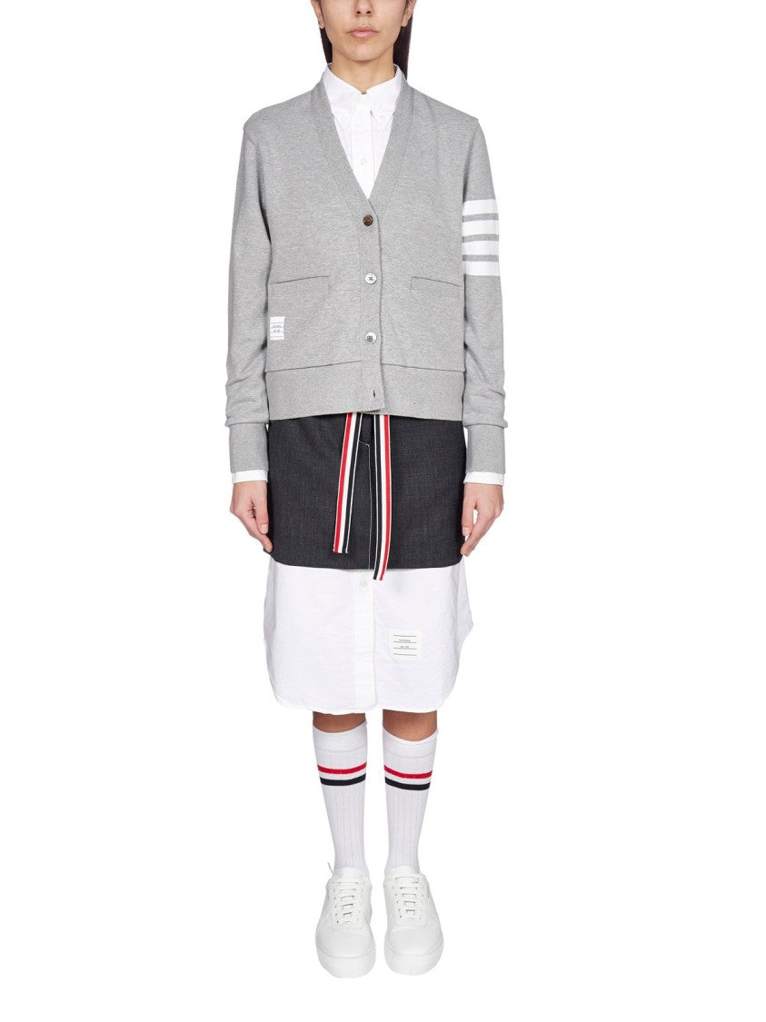 V-Neck Button-Down Grey Cardigan with Signature Stripes