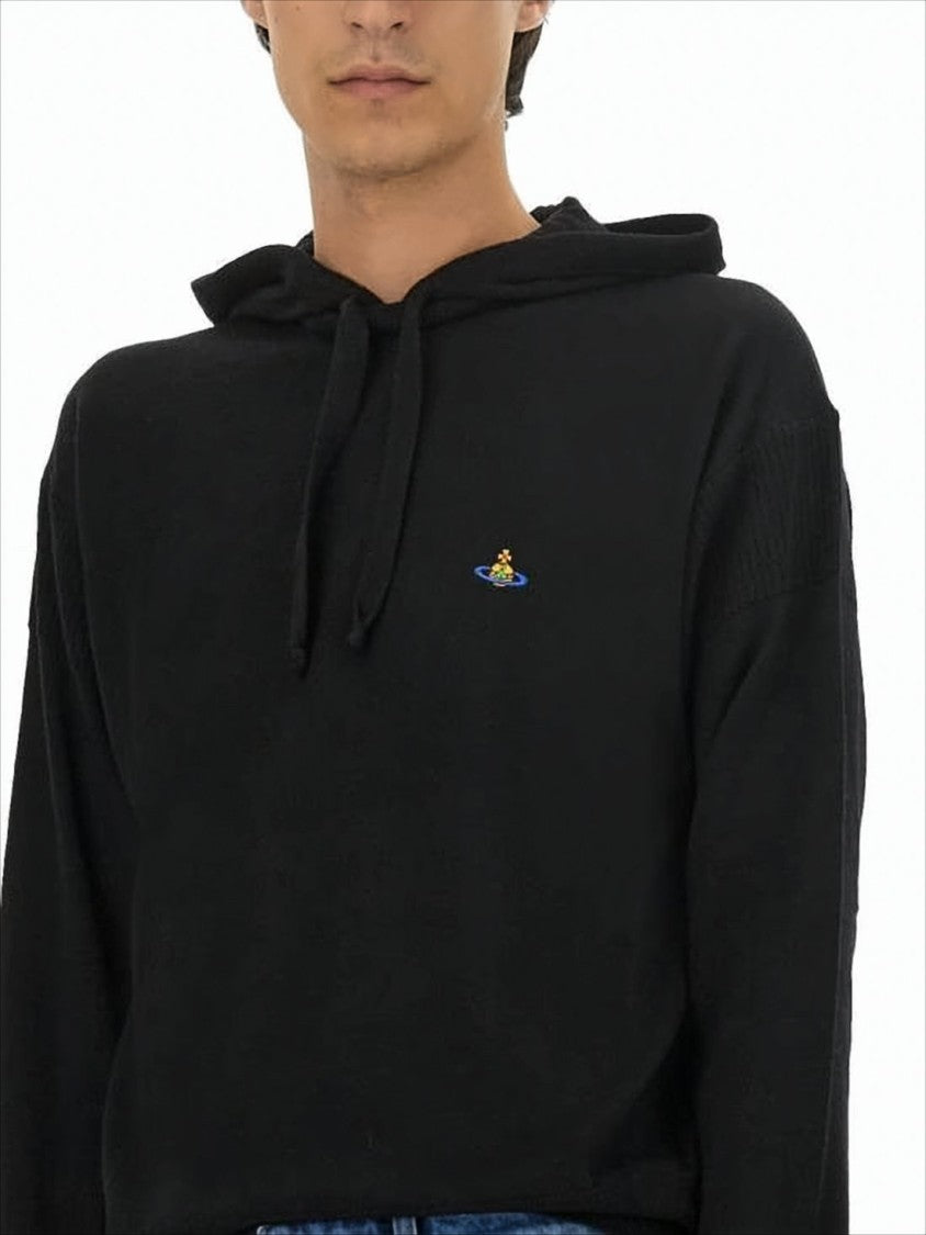 Relaxed-Fit Black Wool Hoodie with Drawstring Hood