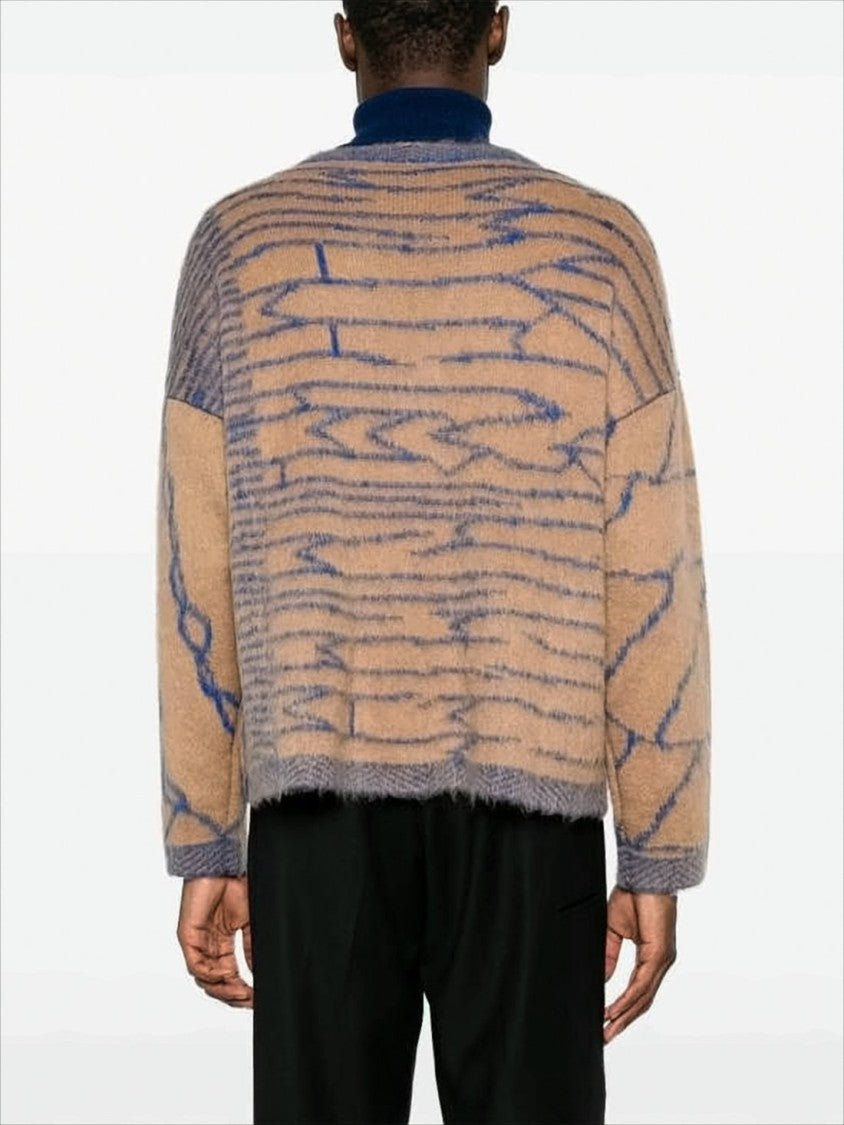 Relaxed Fit V-Neck Cardigan with Abstract Pattern