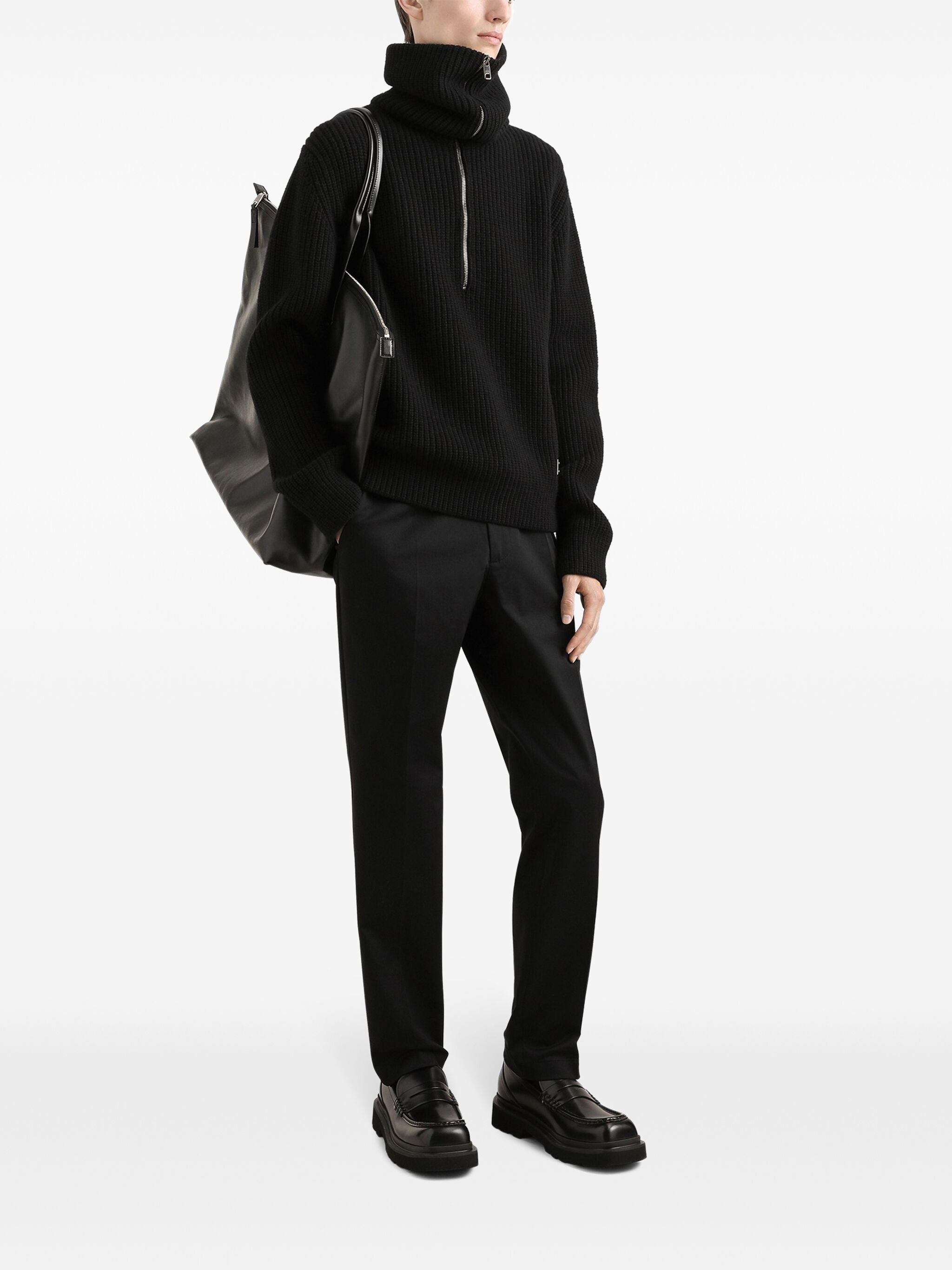 Black Ribbed Knit Half-Zip Wool Pullover