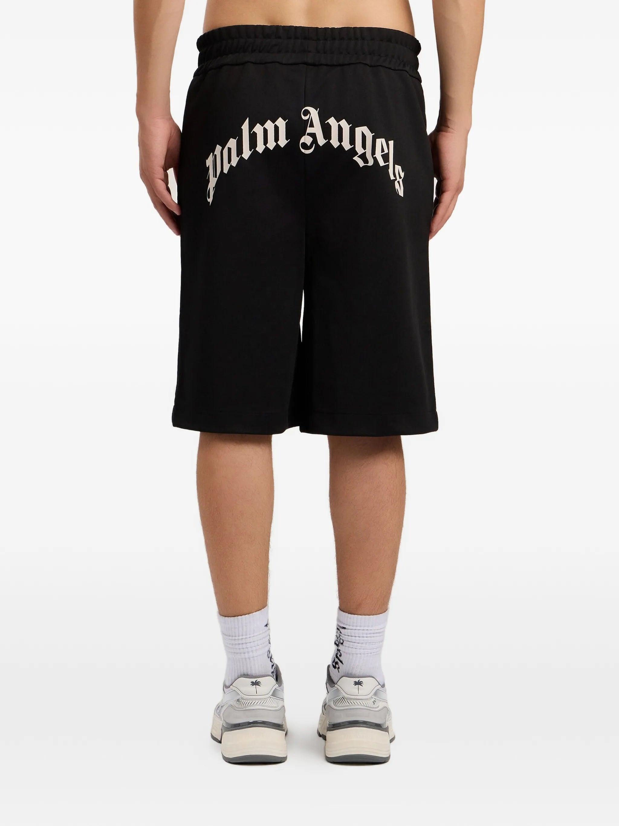 Mid-Length Black Track Shorts With Curved Logo Print