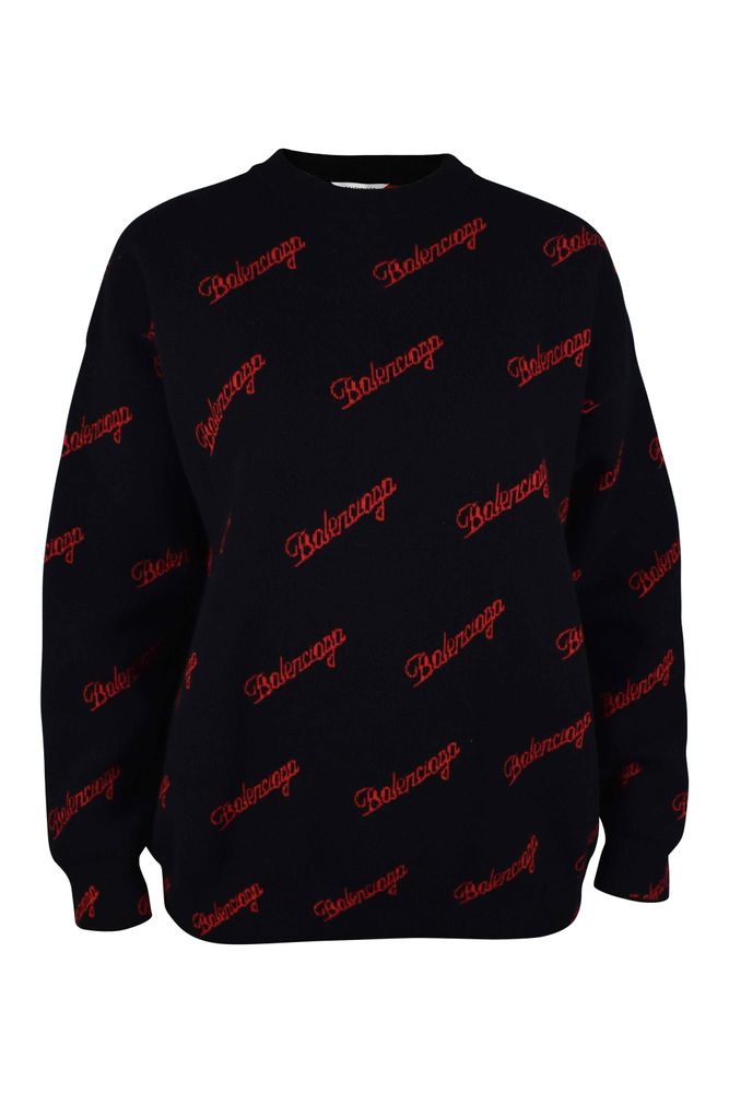 Black Wool Sweater With Red Logo Print