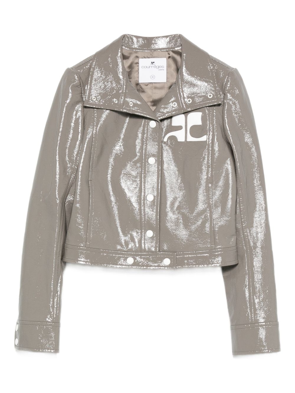 Cropped Grey Jacket with Glossy Patent Finish and Bold Logo