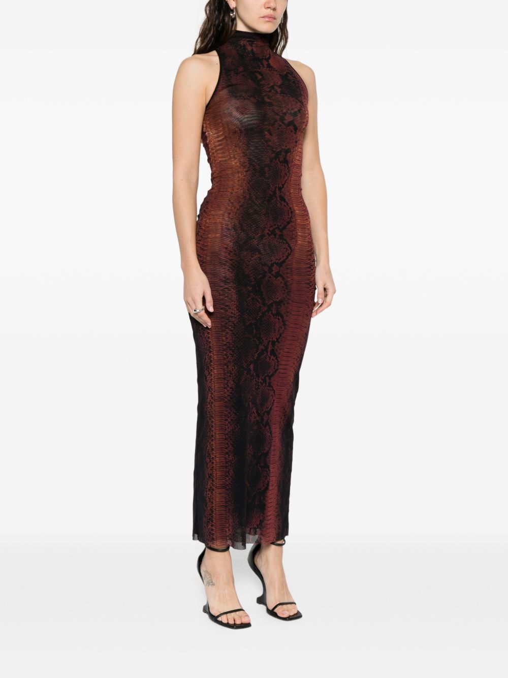 High-Neck Midi Dress With Snake Print In Silk And Nylon