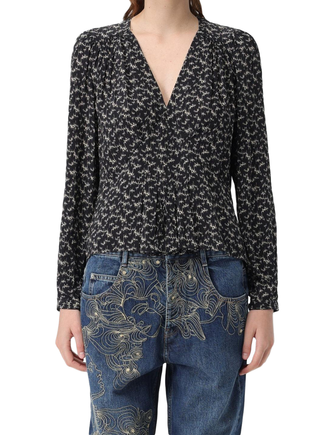 Floral-Pattern V-Neck Tunic with Pleated Waist