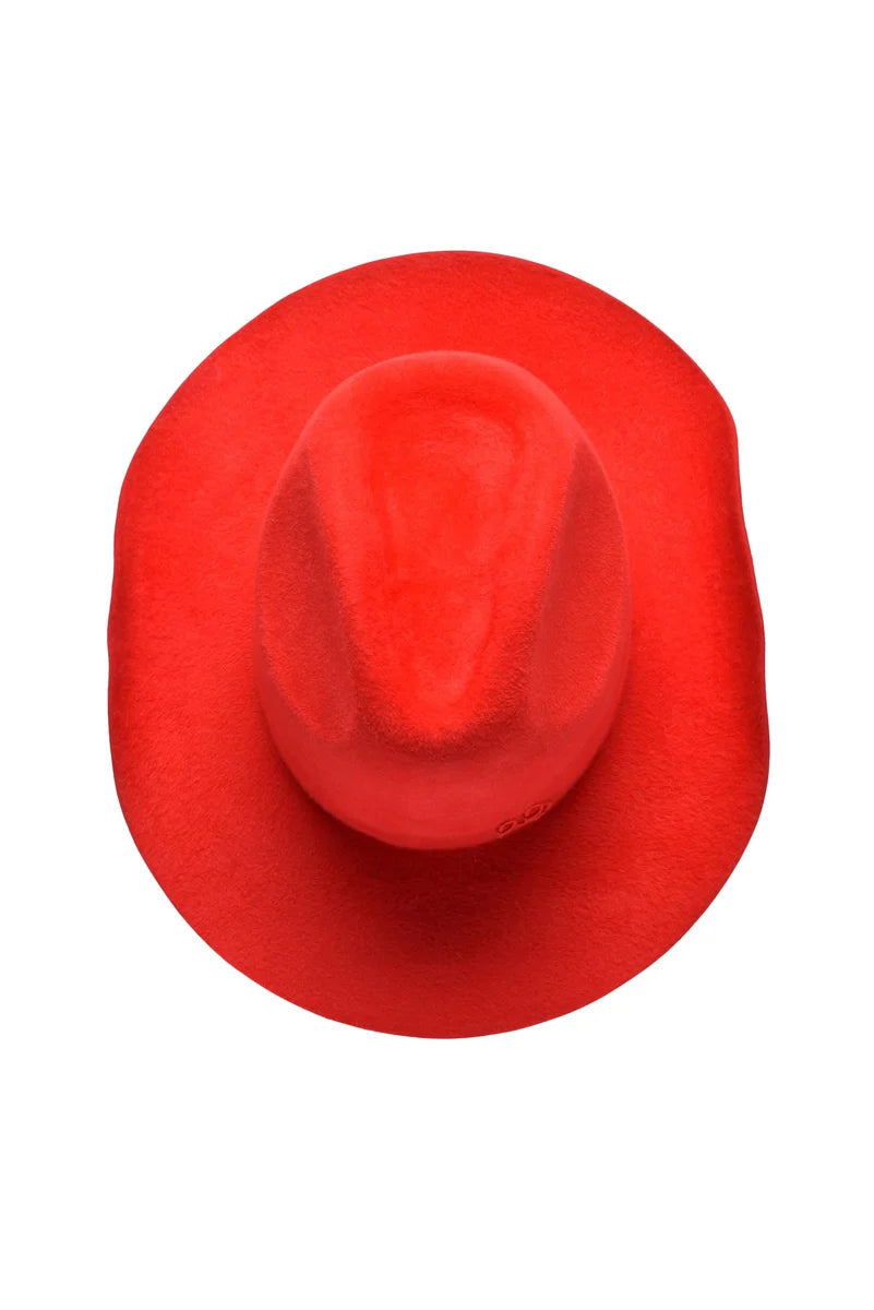 Wide-Brimmed Red Hat with Structured Crown