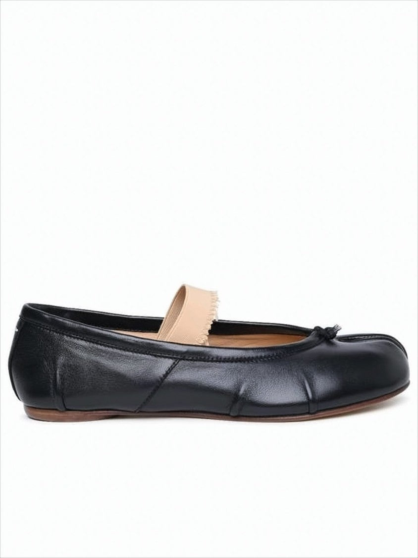 Split-Toe Black Leather Flats with Beige Strap Detail