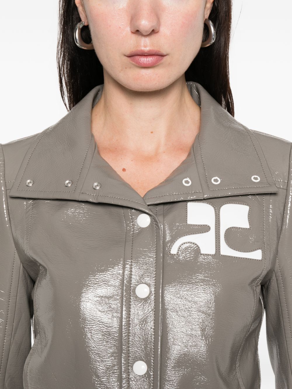 Cropped Grey Jacket with Glossy Patent Finish and Bold Logo
