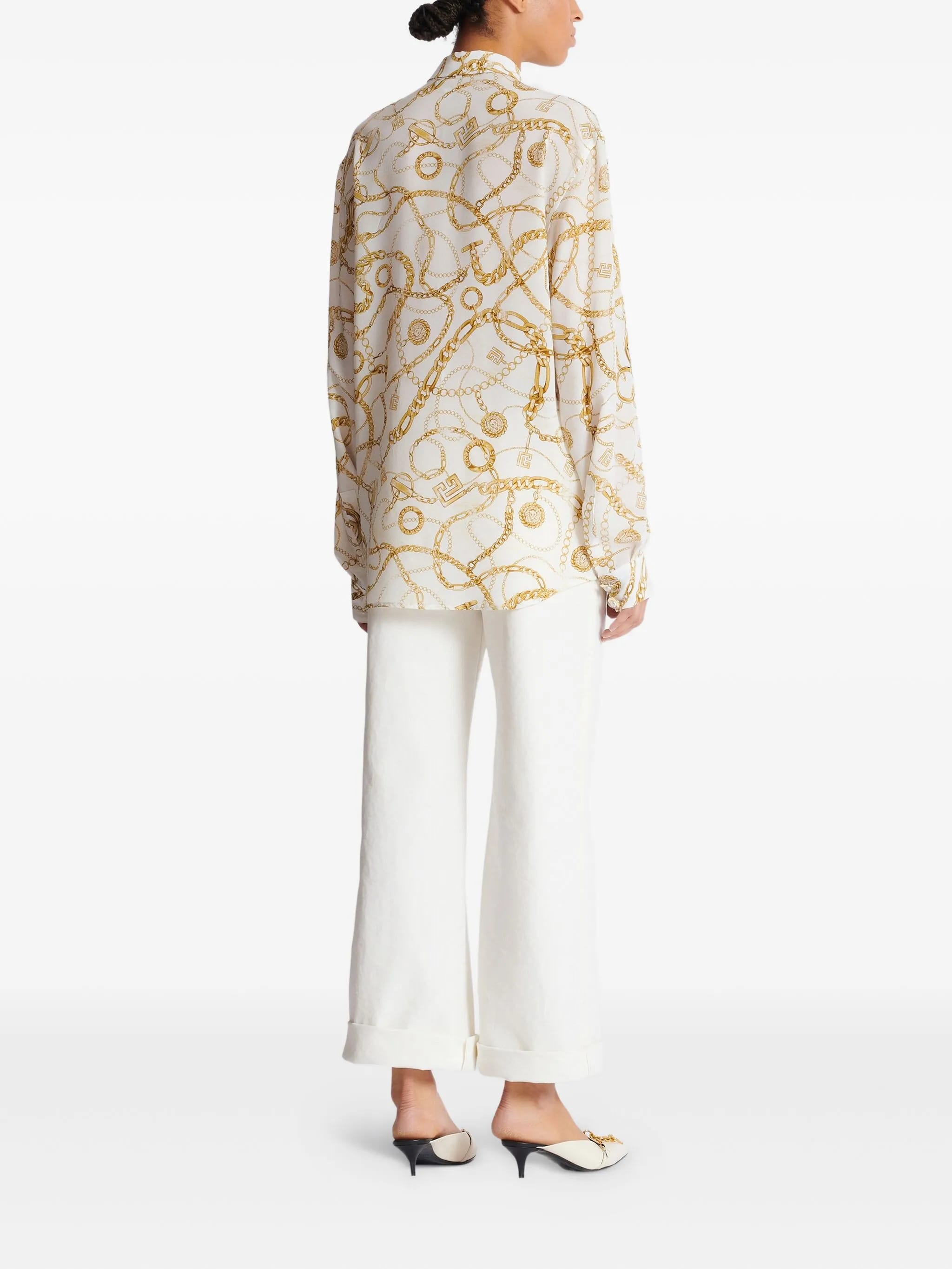 White Ls Shirt Chain Print Silk Shirt