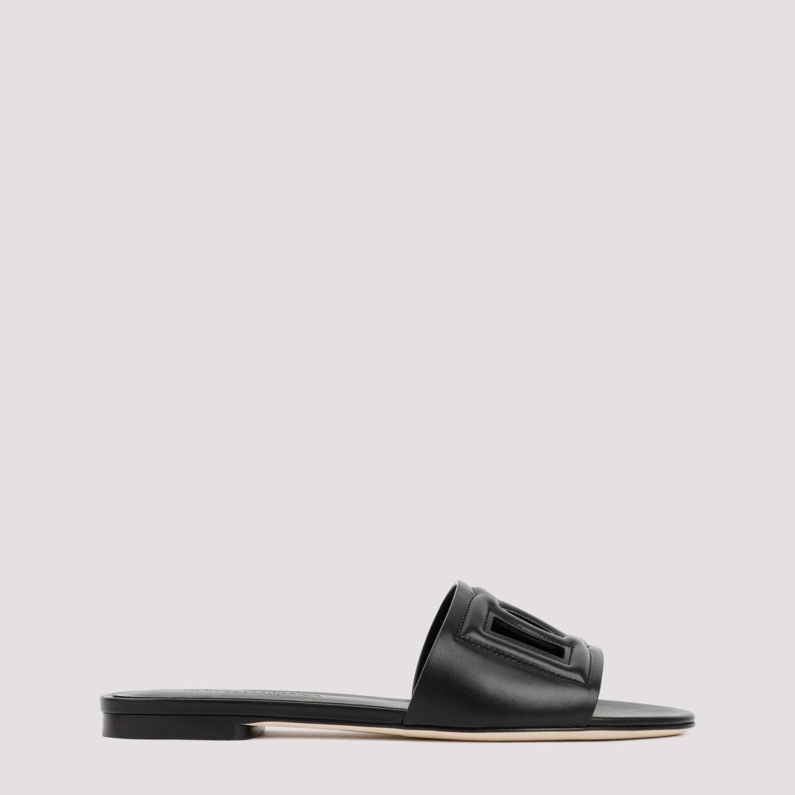 Black Leather Flat Slides Sandals