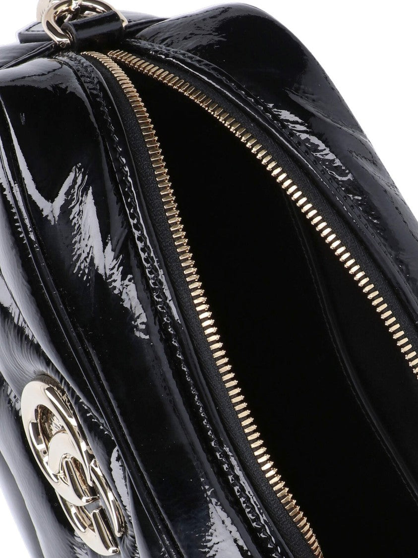 Chevron-Pattern Black Patent Leather Shoulder Bag With Adjustable Chain Strap