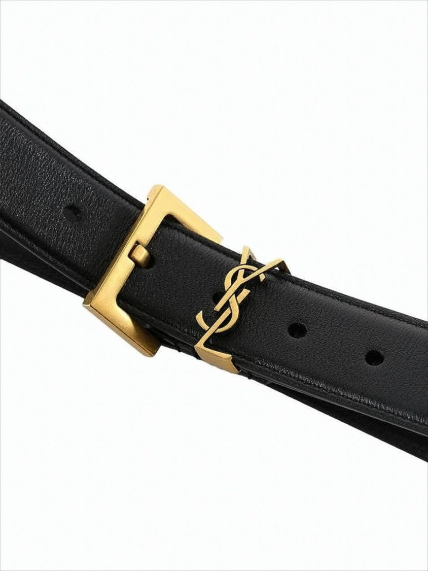 Slim Black Calf Leather Belt with Gold-Tone Buckle