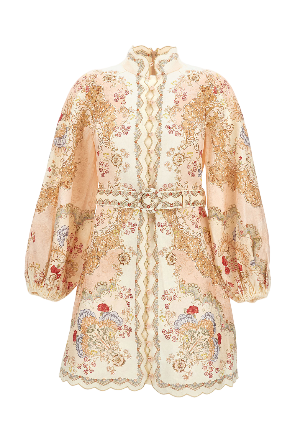 Floral Linen Mini Dress With Stand Collar